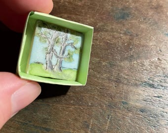 Penny Tile Painting #64, Miniature Watercolor Landscape on 1” Tile, Two Pine Trees