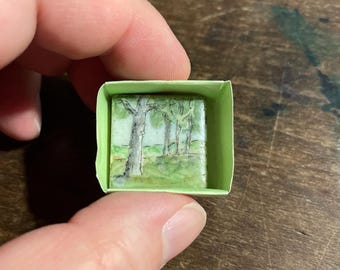 Penny Tile Painting #66, Miniature Watercolor Landscape on 1” Tile four Trees