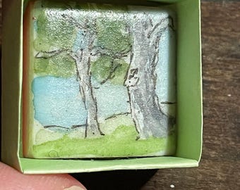 Penny Tile Painting #63, Miniature Watercolor Landscape on 1” Tile Two Trees