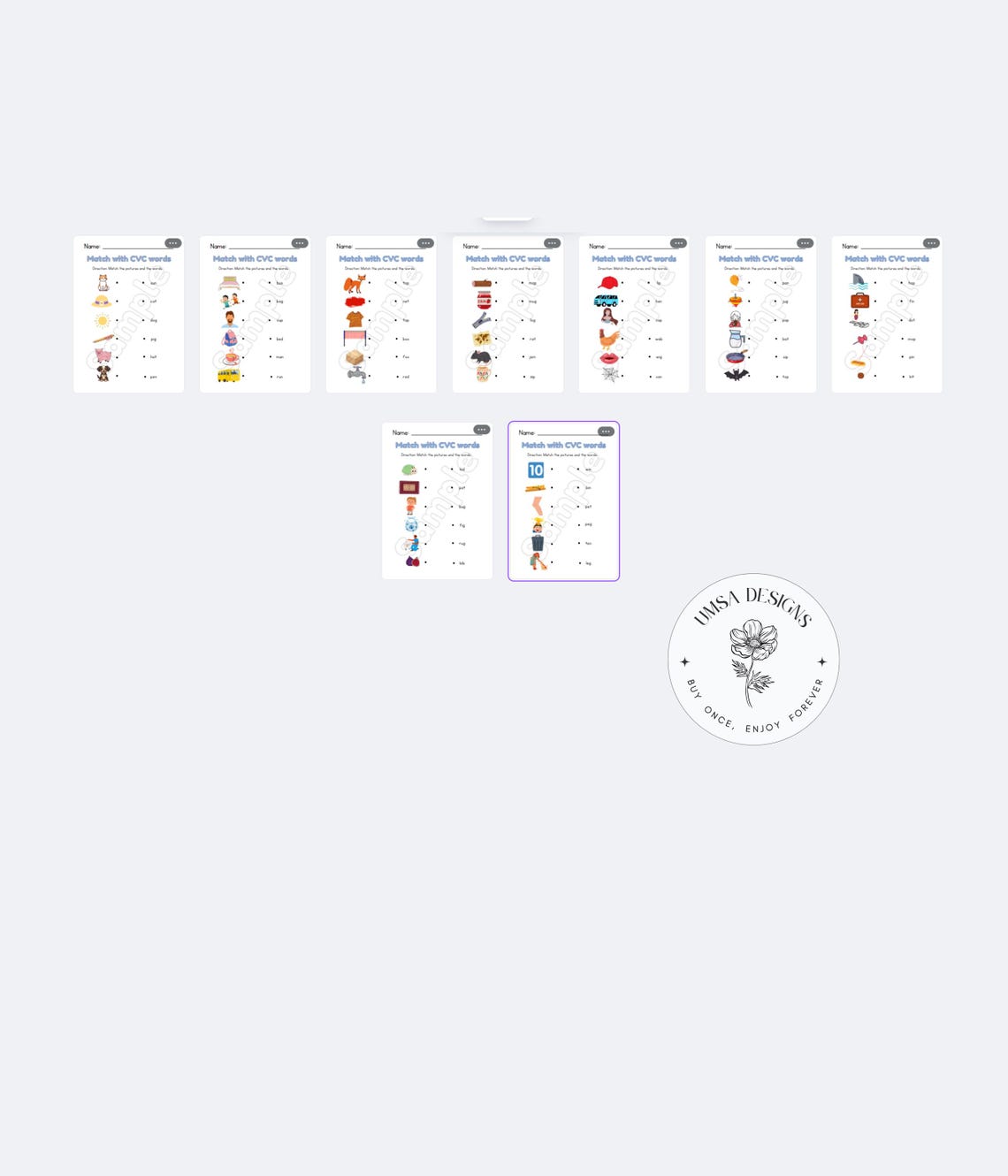 CVC Word and Picture Matching Worksheets | Printable Phonics Activity ...