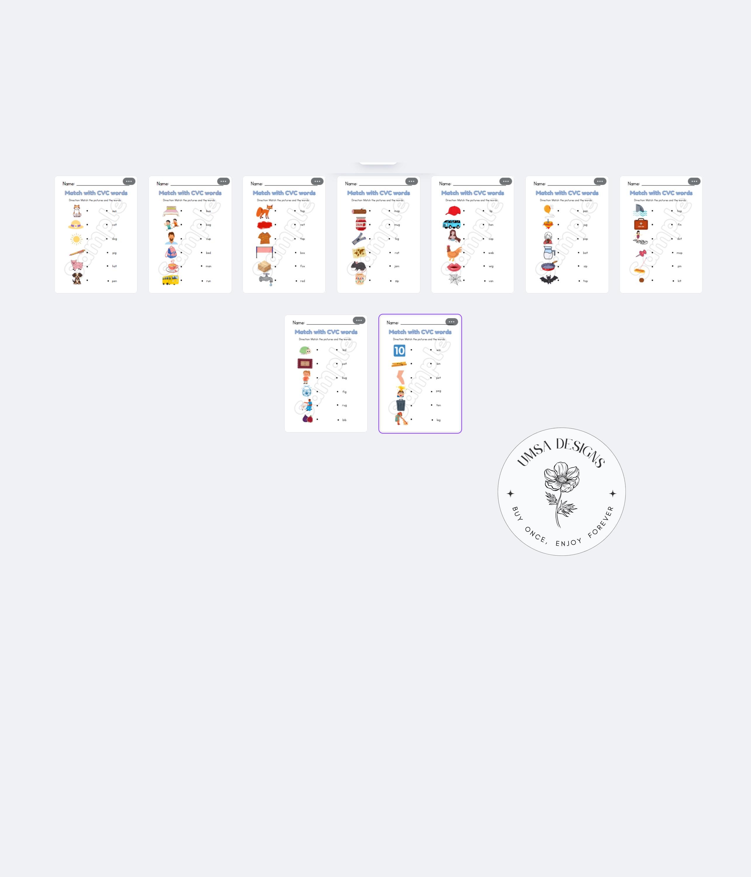CVC Word and Picture Matching Worksheets | Printable Phonics Activity ...