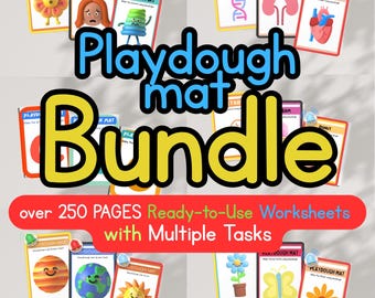 May include: A bundle of playdough mats with various illustrations, including a sun, earth, and flower. The image features the text "Playdough mat Bundle" and "over 250 PAGES Ready-to-Use Worksheets with Multiple Tasks."