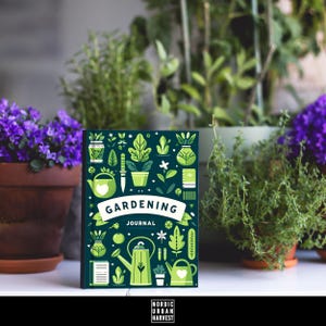 May include: A green and white gardening journal with illustrations of plants, tools, and gardening supplies. The cover reads "Gardening Journal" with the text "Nordic Urban Harvest" at the bottom.