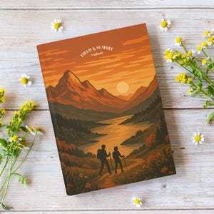 May include: A logbook with an orange cover depicting a mountain landscape with a river and two hikers. The text "FIELD & SUMMIT Logbook" is printed at the top. The logbook is surrounded by white and yellow flowers.