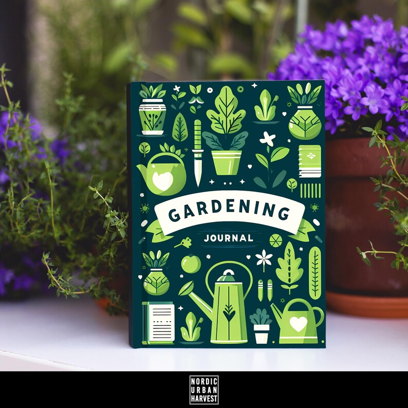 May include: A green and blue gardening journal with illustrations of plants, gardening tools, and a watering can. The cover reads "Gardening Journal" with the text "Nordic Urban Harvest" at the bottom.