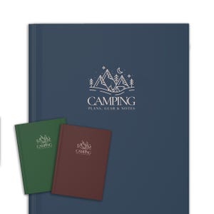 May include: A dark blue notebook with the word "CAMPING" and a mountain graphic. Two smaller notebooks, one green and one maroon, are in front of the larger notebook. The text "PLANS. GEAR & NOTES" is below the word "CAMPING".