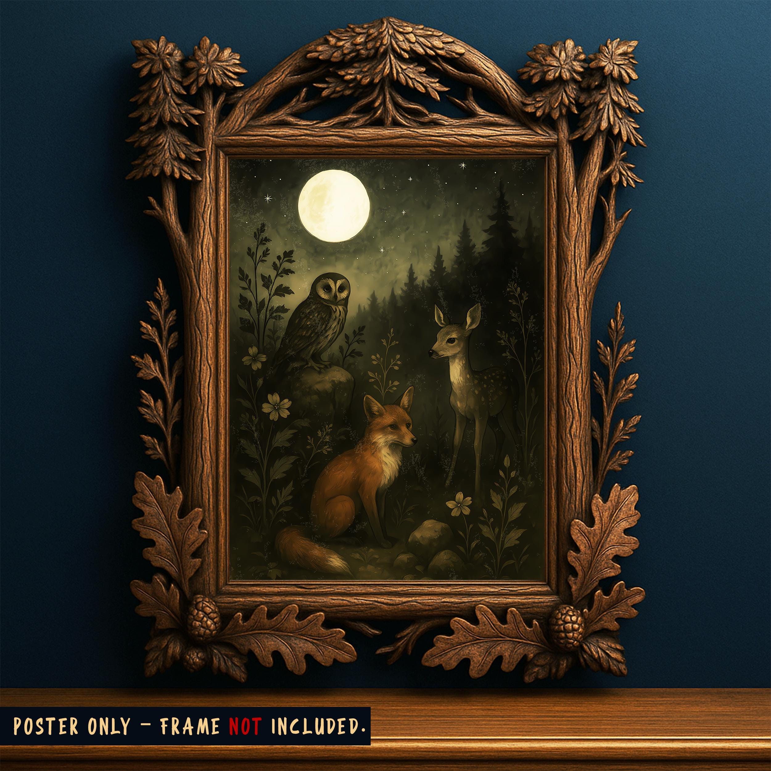 Moonlit Forest Animals & Wildflowers Poster | Multiple Sizes | Cottagecore Arte  | Moody Artful