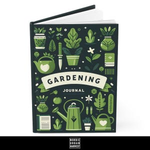 May include: A black gardening journal with a green and white design. The cover features illustrations of plants, watering cans, and gardening tools. The text "GARDENING JOURNAL" is printed in white on a green banner.