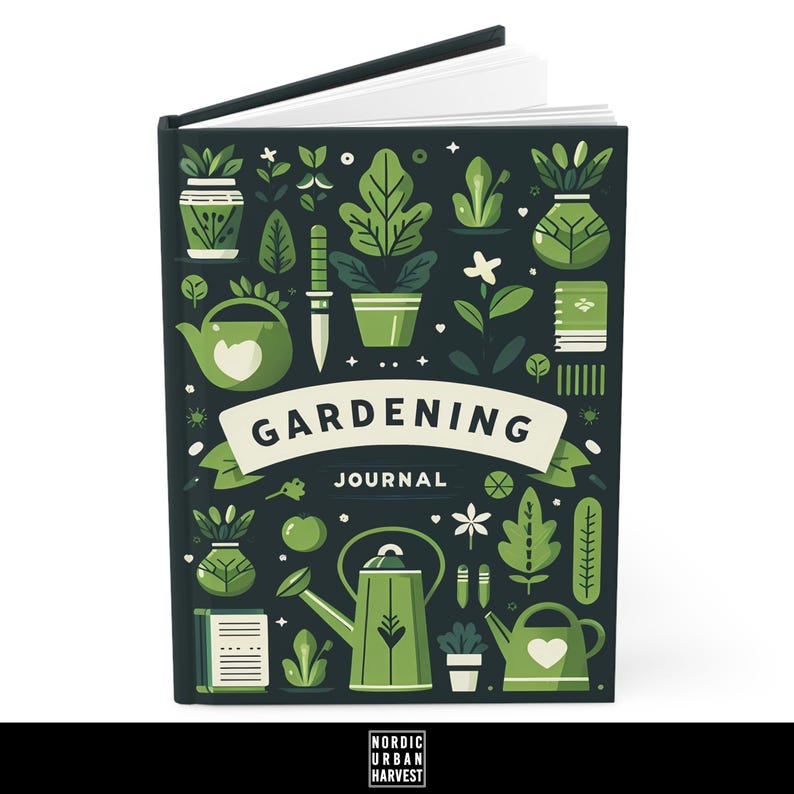 May include: A black gardening journal with a green and white design. The cover features illustrations of plants, watering cans, and gardening tools. The text "GARDENING JOURNAL" is printed in white on a green banner.
