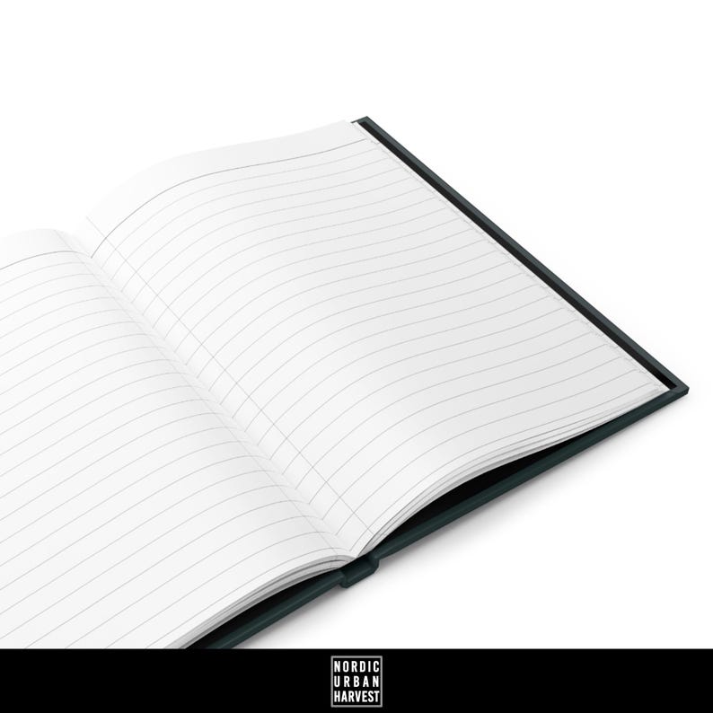 May include: A dark green lined notebook with a black spine. The notebook is open to a blank page with lined paper.