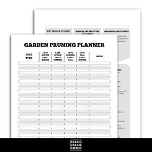 May include: A white Garden Pruning Planner with black text. The planner includes sections for tree type, pruning times (late winter, early spring, late spring, early summer, late summer, early fall, late fall, early winter), and notes. The Nordic Urban Harvest logo is at the bottom.