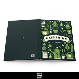 May include: A green and black gardening journal with a colorful cover featuring illustrations of gardening tools, plants, and flowers. The cover text reads "Gardening Journal".