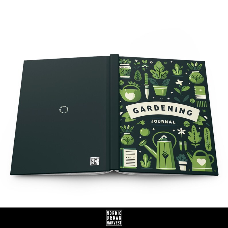 May include: A green and black gardening journal with a colorful cover featuring illustrations of gardening tools, plants, and flowers. The cover text reads "Gardening Journal".
