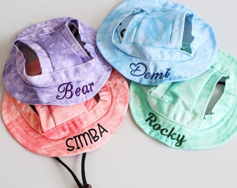 Colorful Tie Dye Bucket Hat for Pet with Embroidered Name, Adjustable Pet Sun hat, Custom Fisherman Cap for Dog&Cat, Custom Pet lover Gift