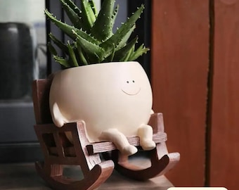 Cute Smiling Planter Pot, Unique Rocking Chair Planter, Positive Succulent Vase, Sitting Planter Character, Outdoor Pot, Garden Decor Gifts