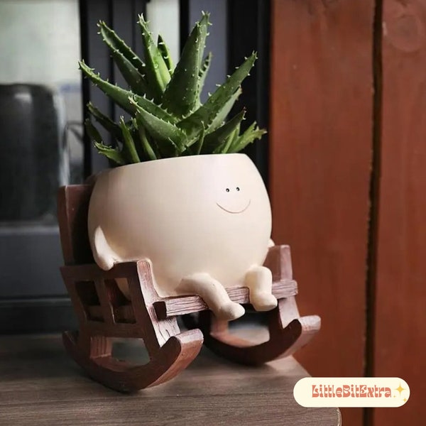 Cute Smiling Planter Pot, Unique Rocking Chair Planter, Positive Succulent Vase, Sitting Planter Character, Outdoor Pot, Garden Decor Gifts