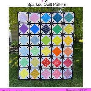 May include: A colorful quilt pattern called "Sparked" with a black background and a variety of bright colors, including pink, blue, green, yellow, and orange. The quilt is made up of squares with a star design in the center. The quilt is hanging on a clothesline in a grassy area. The text "Skill Level: Intermediate" and "Throw size: 59" X 71" Baby size: 36" X 48" designed by Kristin Rauch www.woollypetals.com" is at the bottom of the image.