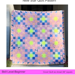 May include: A pink and blue quilt with a star pattern. The quilt is 66 inches square and is made with a variety of fabrics. The quilt is designed by Kristin Rauch and is available on the website woollypetals.com.  New Star Quilt Pattern. Skill Level: Beginner.