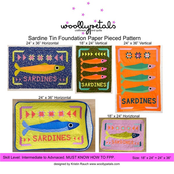 woollypetals Sardine Tin FPP Pattern + Tin + Quilt - 4 Sizes of Block - PDF DIGITAL Download