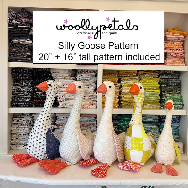 Silly Goose PDF Pattern by woollypetals to make a 20" and 16" stuffed animal goose