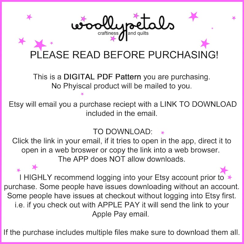 Puede incluir: Gr&aacute;fico rosa y blanco con el texto "woollypetals" y "&iexcl;POR FAVOR, LEA ANTES DE COMPRAR!". El texto explica que se est&aacute; comprando un patr&oacute;n PDF digital y se enviar&aacute; por correo electr&oacute;nico con un enlace de descarga.