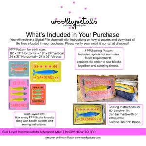 Puede incluir: Archivo digital para un patr&oacute;n de edred&oacute;n de lata de sardinas. Incluye patrones FPP en dos tama&ntilde;os, instrucciones de costura e informaci&oacute;n de dise&ntilde;o de edred&oacute;n. La imagen muestra dise&ntilde;os coloridos de latas de sardinas con la palabra "Sardines".