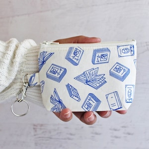 Books Print Keyring Zipper Pouch: Handmade Cotton Coin Purse