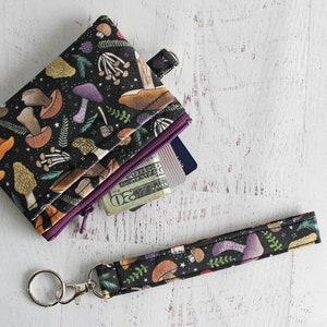 Midnight mushrooms print badge holder zipper pouch - mini wristlet wallet purse - wrist lanyard bag