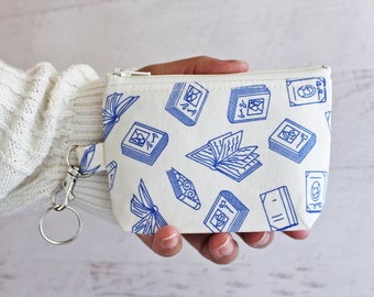 Books Print Keyring Zipper Pouch: Handmade Cotton Coin Purse
