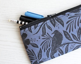 Floral Raven Pen and Pencil Pouch - Handmade Cotton Zipper Bag