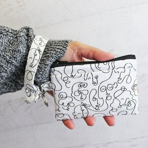 Cute zipper pouch - women's wallet - black and white faces print purse - ID holder case with wrist strap