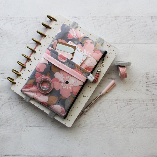 Gray floral journal bag - pencil case - bullet journal accessories - gift idea for friends - life planner bag - daily planner - floral pouch