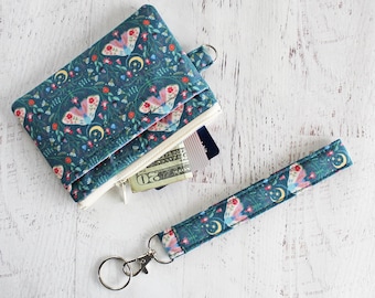 Moonlit moths on teal work badge ID holder - floral print womens small wristlet wallet - wrist key lanyard set