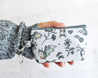 Bats and Flowers Zipper Pouch: Handmade Cotton Keyring Bag, Witchy Accessories, Grey ID Holder