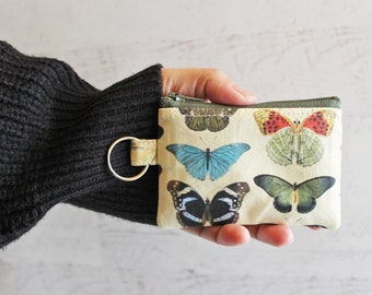 Vintage butterflies tiny change purse, small zipper pouch, keyring bag, chapstick holder