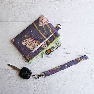 Moths zipper pouch, ID case with detachable wrist strap, badge holder