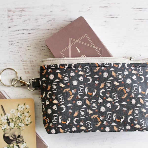 Small pocket tarot deck holder zipper pouch - black ouija print keyring bag - goth accessories
