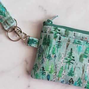 Cartera pequeña de mano con diseño de árboles del bosque y portadocumentos, estuche con cremallera verde, regalo para amantes de la naturaleza