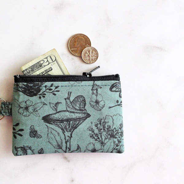 Witchy accessories - snails and mushrooms tiny change purse, small zipper pouch, keyring bag