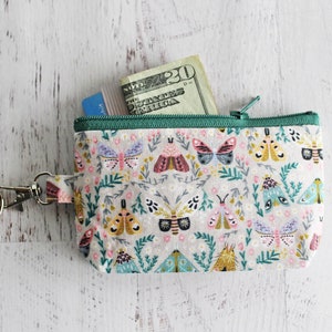 Small work ID badge holder key ring bag woodland moth print zipper pouch with lobster clasp image 1