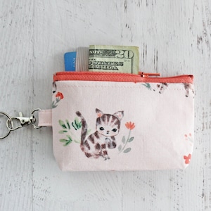 Vintage kitty cat print zipper pouch - keyring change purse - work badge holder for keys
