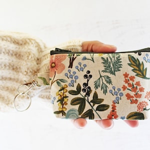 Rifle paper co floral canvas fabric print key ring bag - small ID holder zipper pouch - gifts for her under 15