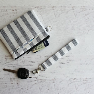 Minimalist wallet - linen stripe small id wristlet - stripe print zipper pouch ID holder - key chain and bag set