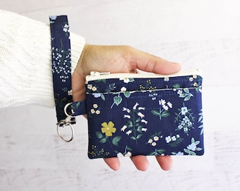 Gifts for her - zippered pouch with strap in navy blue rifle paper co floral - key fob gift sets - ID case - travel gear