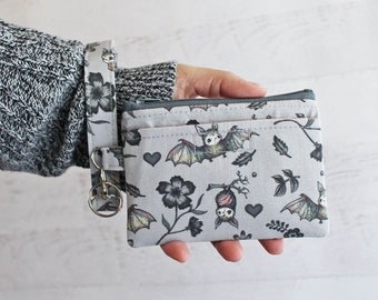 Bats and flowers print gray ID holder, mini wristlet wallet - zippered pouch wrist lanyard