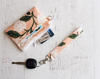 minimalist ID holder gifts for girlfriends - modern floral on peachy pink zippered pouch