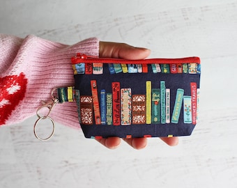 Books blue zipper pouch - small change purse - book print keyring bag - bibliophiles gift ideas