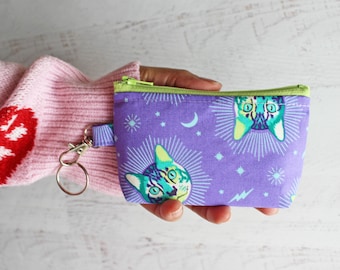 Purple cat y2k aesthetic bag - small cute zipper pouch - cat lover gift ideas under 15 - bright and colorful accessories