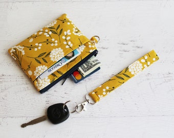 ID holder zipper pouch - small wristlet wallet - floral key fob - gifts for her