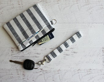 Minimalist wallet - linen stripe small id wristlet - stripe print zipper pouch ID holder - key chain and bag set